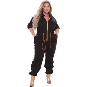 Black Jumpsuit with Neon Orange Zipper and Drawstring 1X